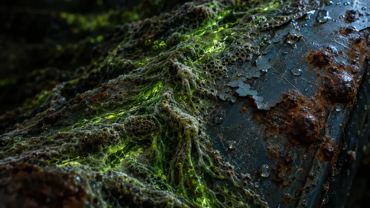 Detalhe de micélio luminoso a cobrir metal riscado e enferrujado.