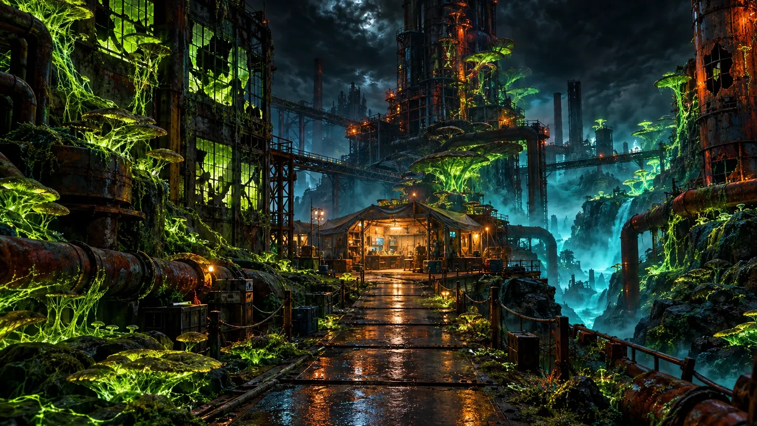 Complexo industrial em ruínas invadido por micélio luminoso, com caminho até um abrigo de crafting.