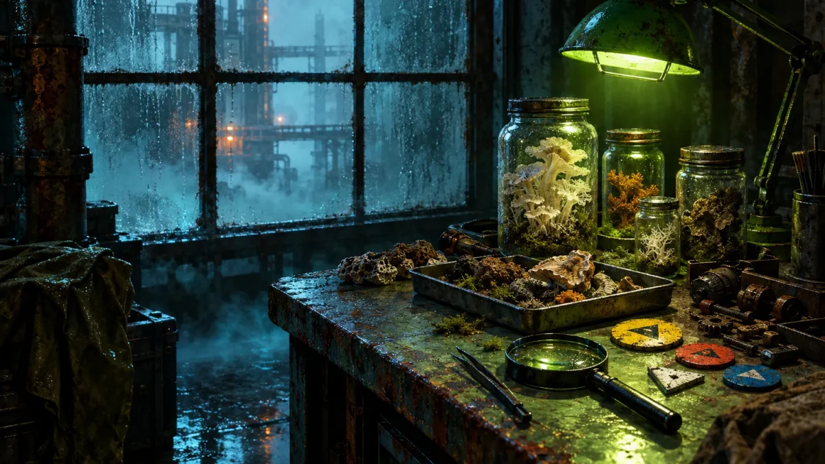 Mesa de investigação com amostras fúngicas, peças de sucata e luz verde num abrigo industrial.