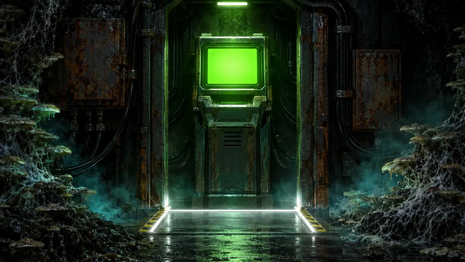 Terminal industrial iluminado por verde ácido num abrigo, sugerindo acesso seguro por uma única via oficial.